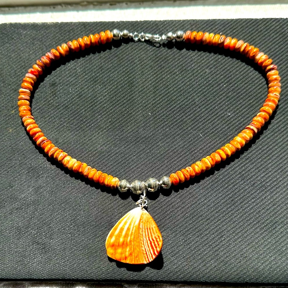 Hand Crafted “One of a Kind” Orange Spiny Oyster Shell & Sterling Silver Choker
